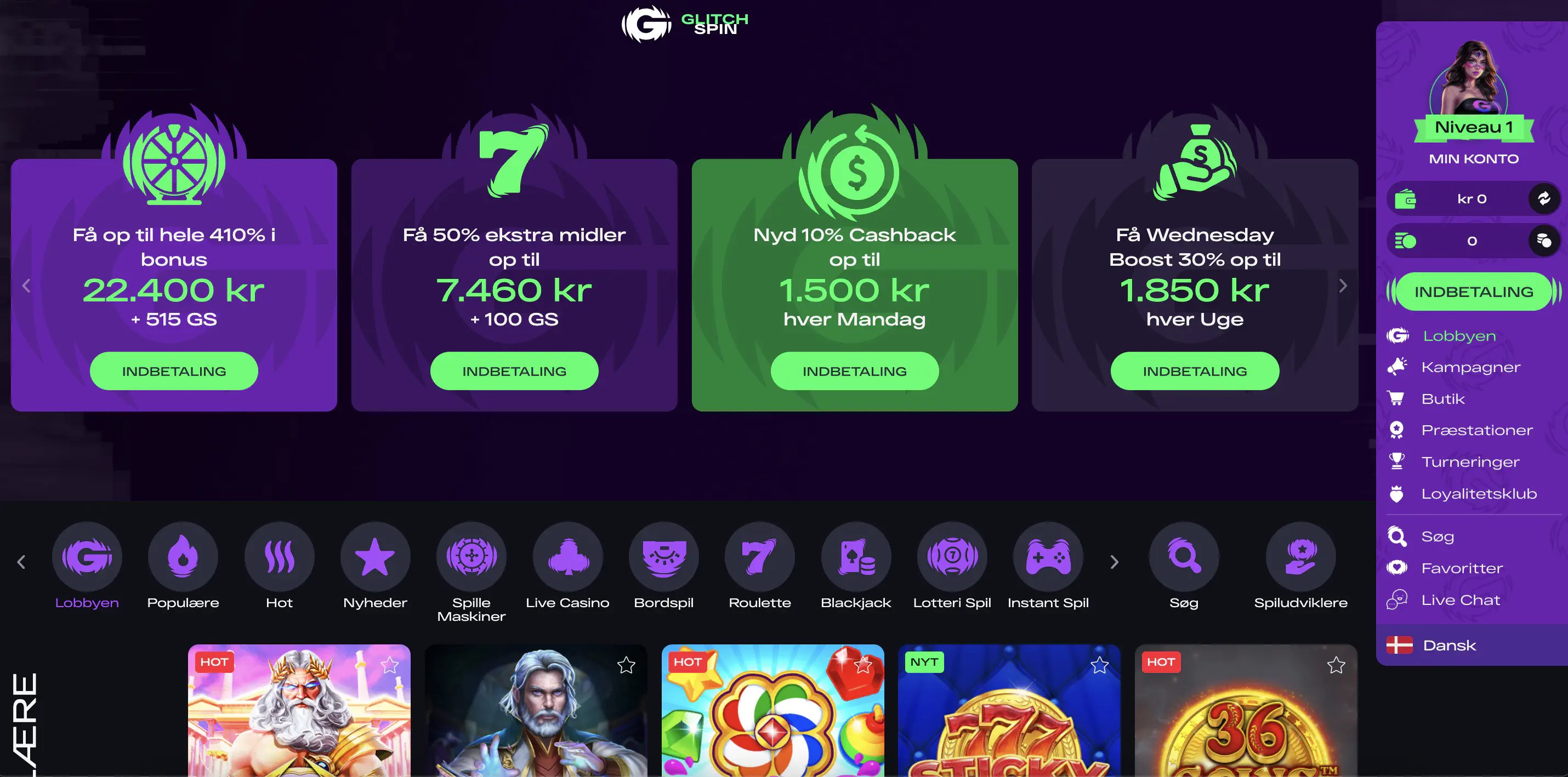Glitchspin Casinos officielle hjemmeside i Danmark