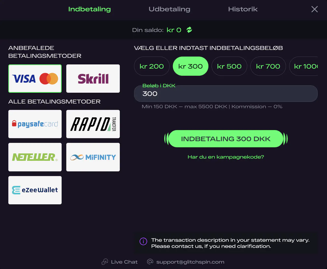 Glitchspin Casino udbetalingsmetoder