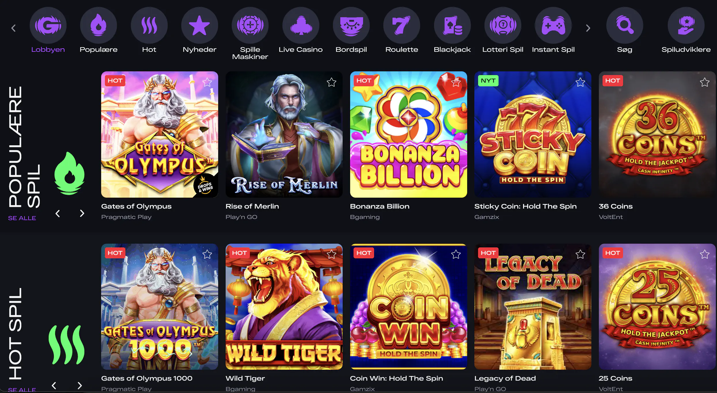 Glitchspin Casino spiludvalg – slots og andre spil