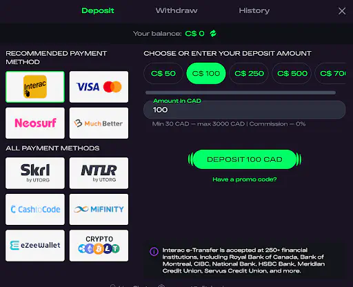 Glitchspin Casino Canada Payment